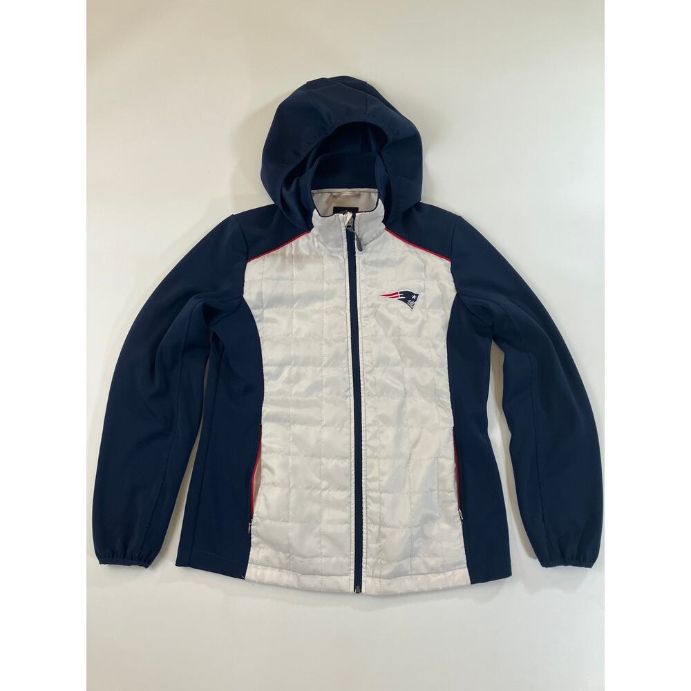 New England Patriots Women M NFL Quilted Hooded Jacket Navy White G-III